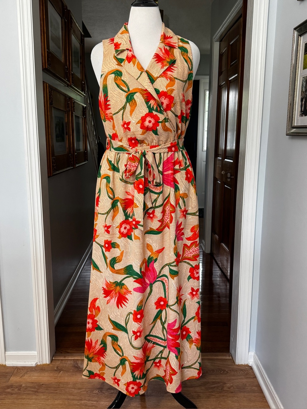 Kensie Tropical Tie Waist Textured‎ Midi Dress 14 NWOT Birds Of Paradise Floral